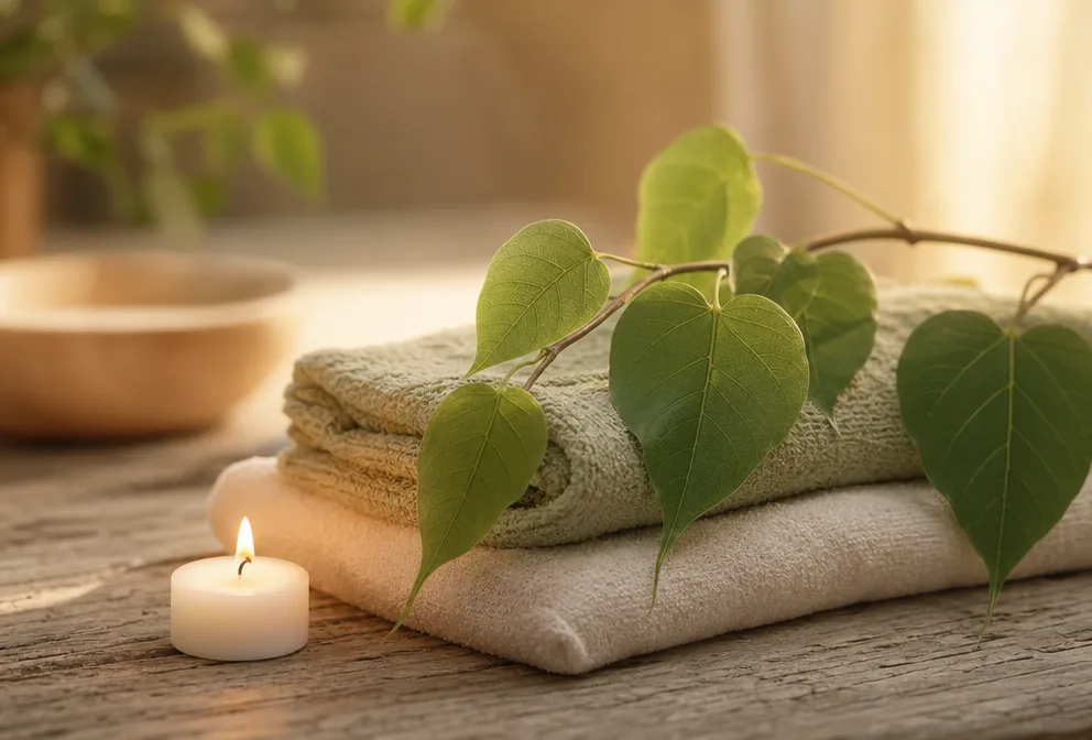 Bodhi branch and folded sage towels — peaceful massage therapy near Canfield Ohio