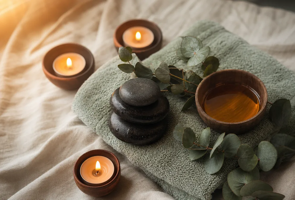 River stones and warm candlelight at Boardman massage studio serving Youngstown Ohio